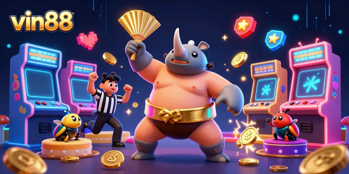 Experience vibrant gameplay with vin88 where a beetle champion triumphs amidst flying coins and colorful arcade elements.