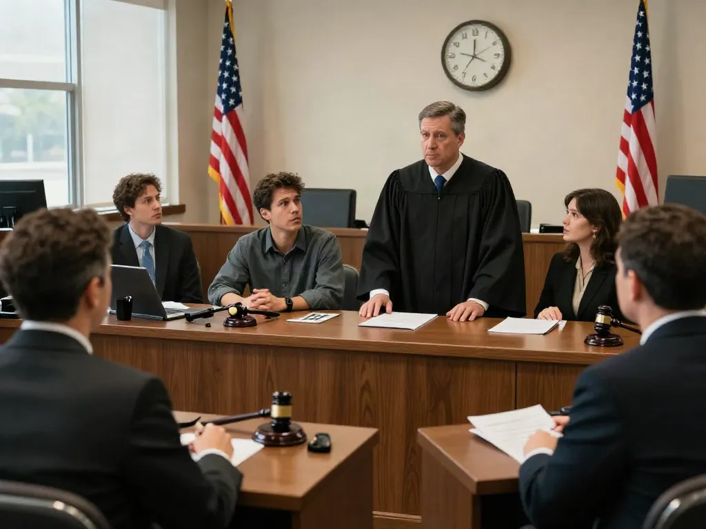 Intense courtroom scene depicting DUI laws Forsyth County, with a judge, attorney, and anxious client.