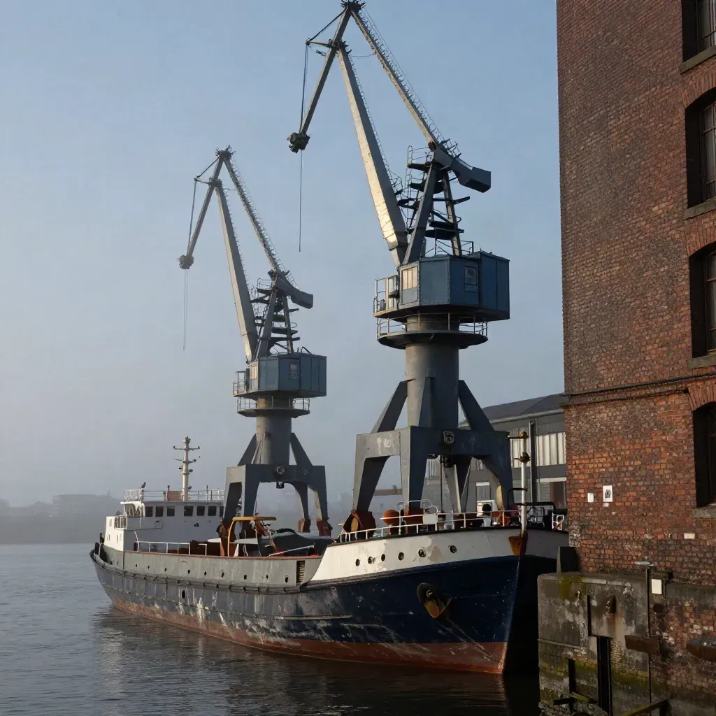 Hamburger Hafenkran und Barge im Dunst bei blauer Stunde