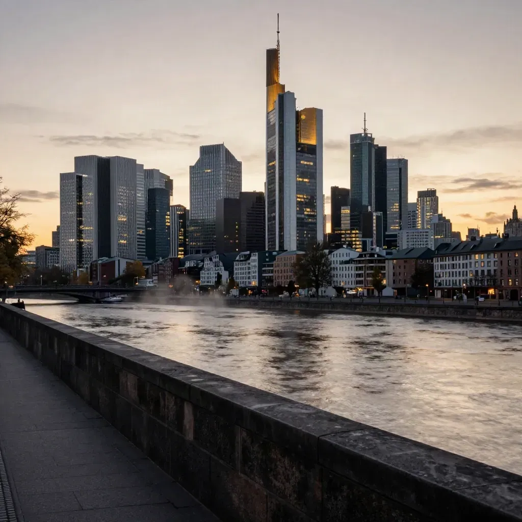 Frankfurter Skyline am Fluss bei Sonnenuntergang mit aufleuchtenden Fenstern