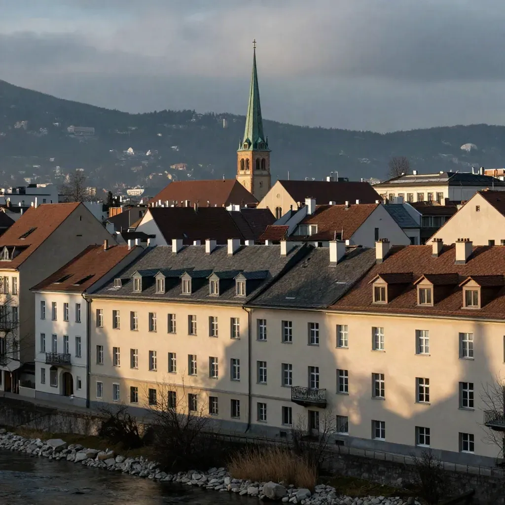 Münchner Isar-Dächer und Kirchturm im warmen Abendlicht unter leichtem Winterhimmel.