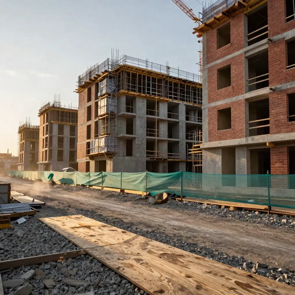 Niedrige Baustellenperspektive auf Neubau, Kräne, Gerüstfolie und alte Backsteingruppe
