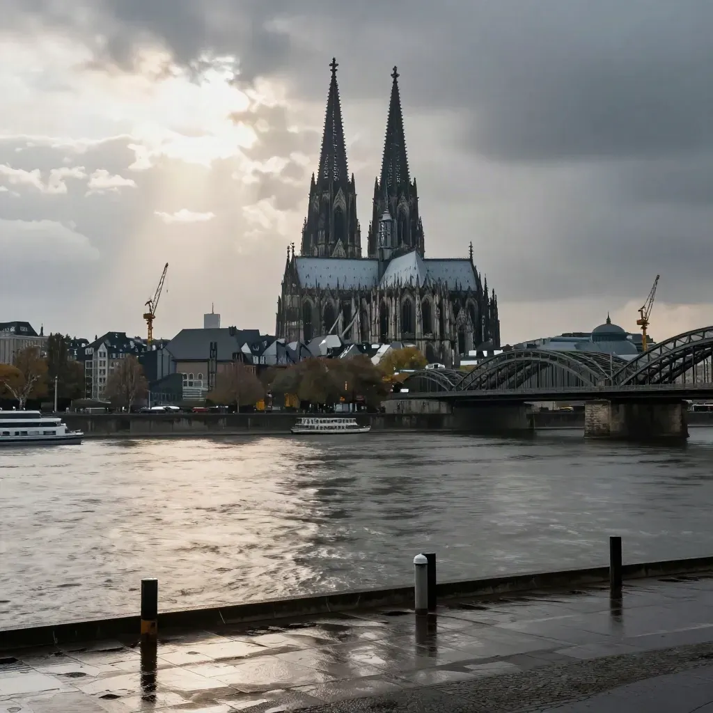 Kölner Domspitzen über dem Rhein mit Kränen und nassen Dächern nach Regenschauer.