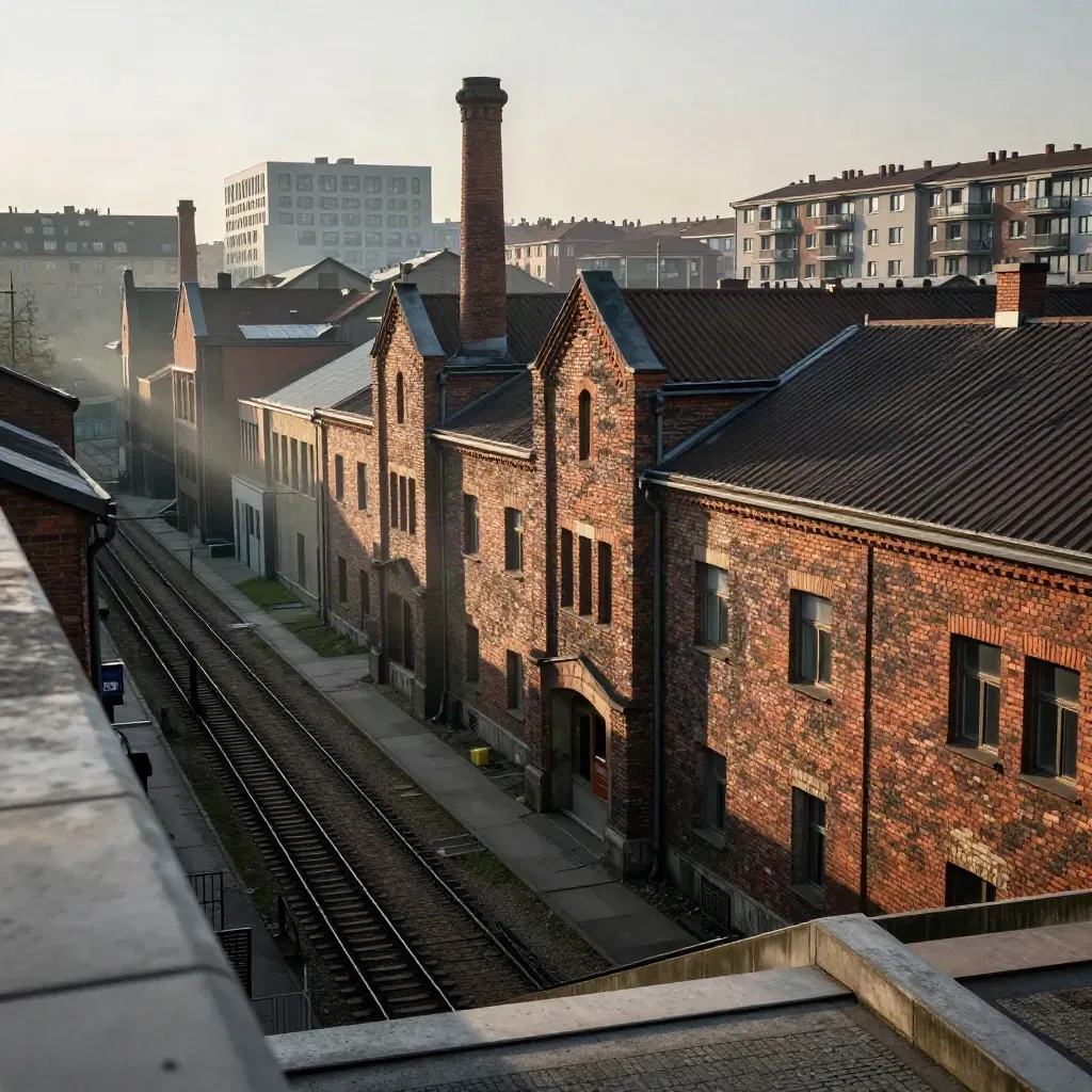 Leipziger Industriequartier mit Backstein, Schornsteinen, Neubauten und Tramgleisen im Morgennebel.