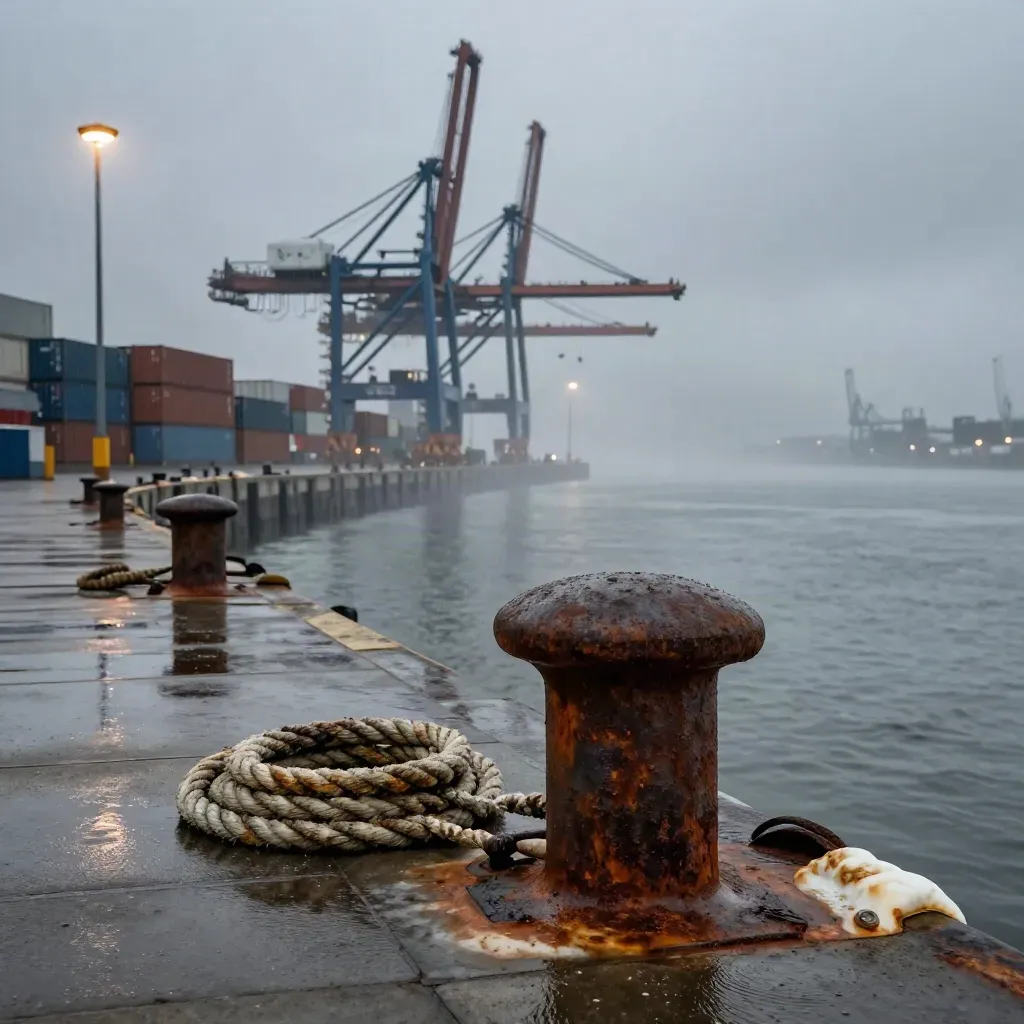 Hamburger Hafenkräne im Regen, mit Wasserfläche, Nebel und Containern am Kai.