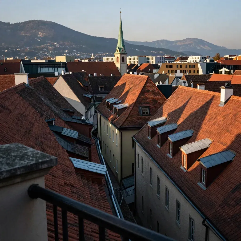Münchens dichtes Dachmeer mit Kirchturm und moderner Bebauung im Abendlicht