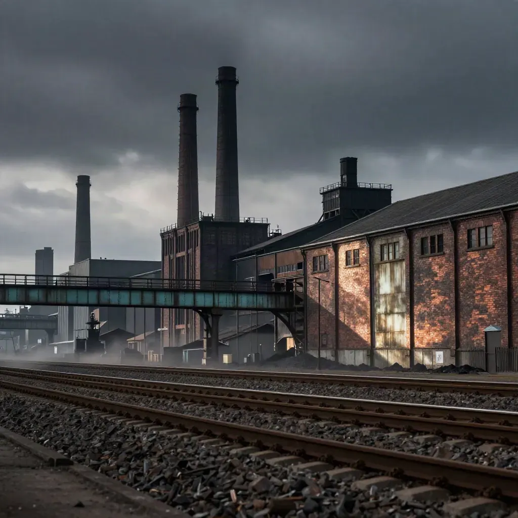 Industriesilhouette des Ruhrgebiets mit Schornsteinen und Bahnbögen unter dunklem Himmel.