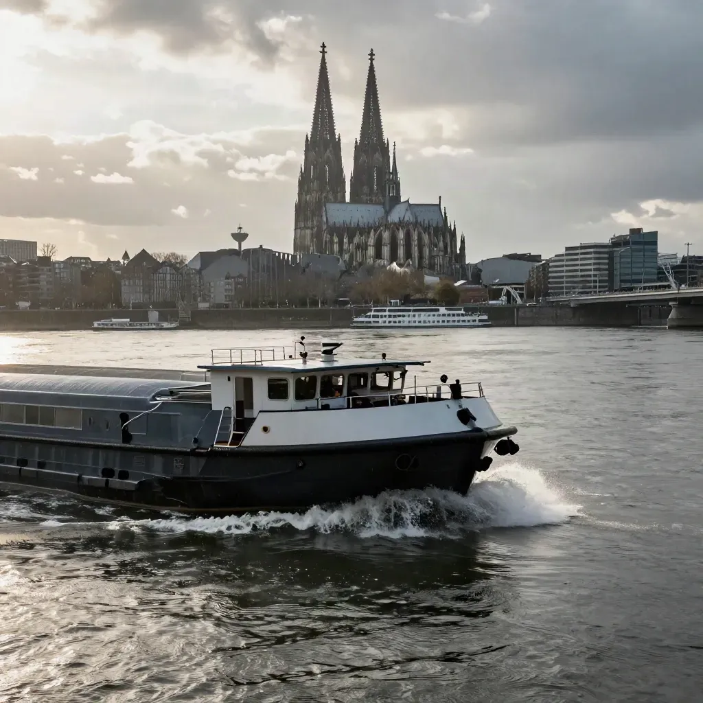 Kölner Rheinbarge vor Dom und Skyline bei aufreißendem Himmel