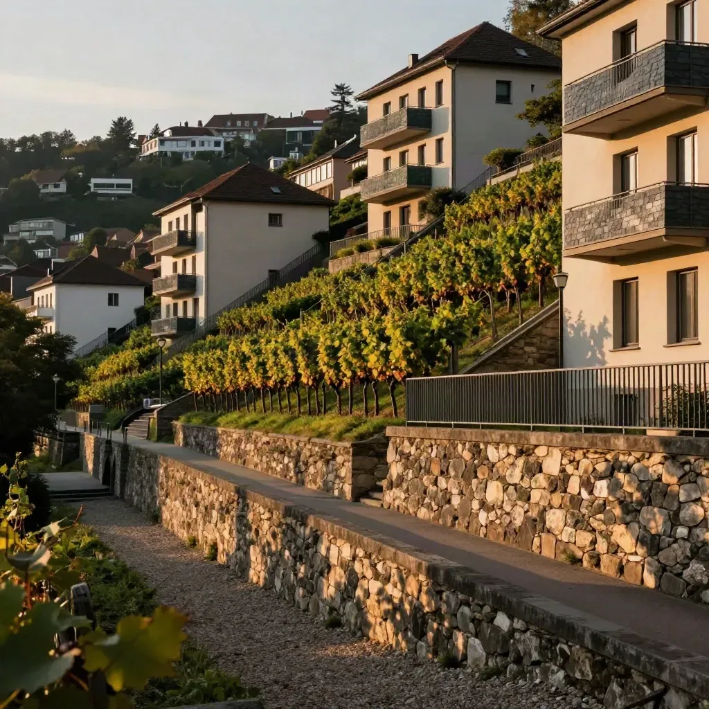 Stuttgarter Hang mit Terrassenwohnungen, Weinreben und moderner Bebauung im warmen Abendlicht.