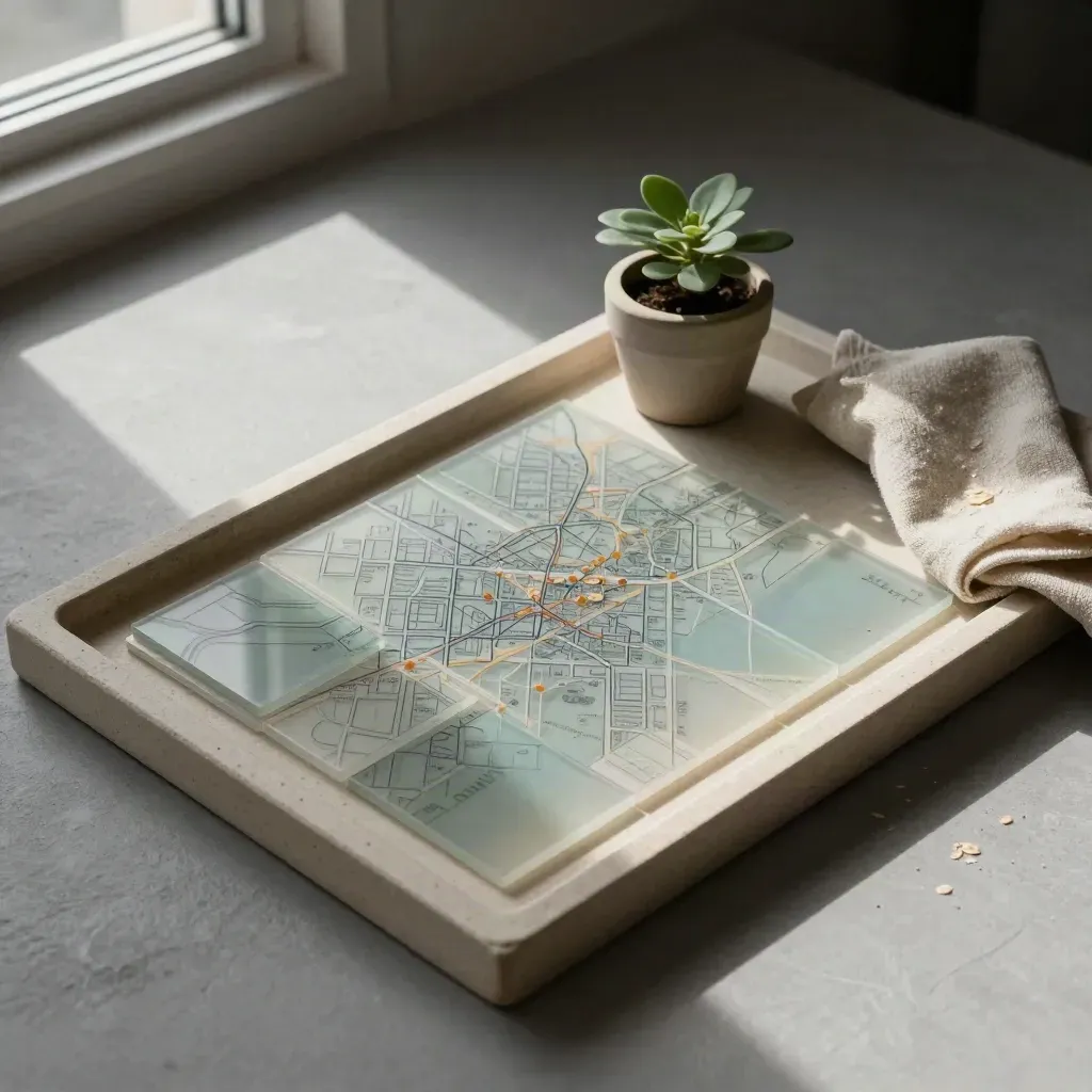Transparente Kartentiles auf Steinschale mit Pflanze und gefaltetem Tuch