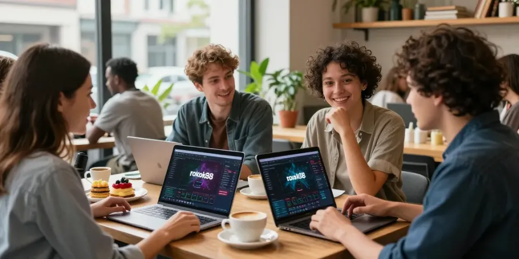 Young professionals discussing rokok88 gaming while enjoying coffee in a vibrant café.