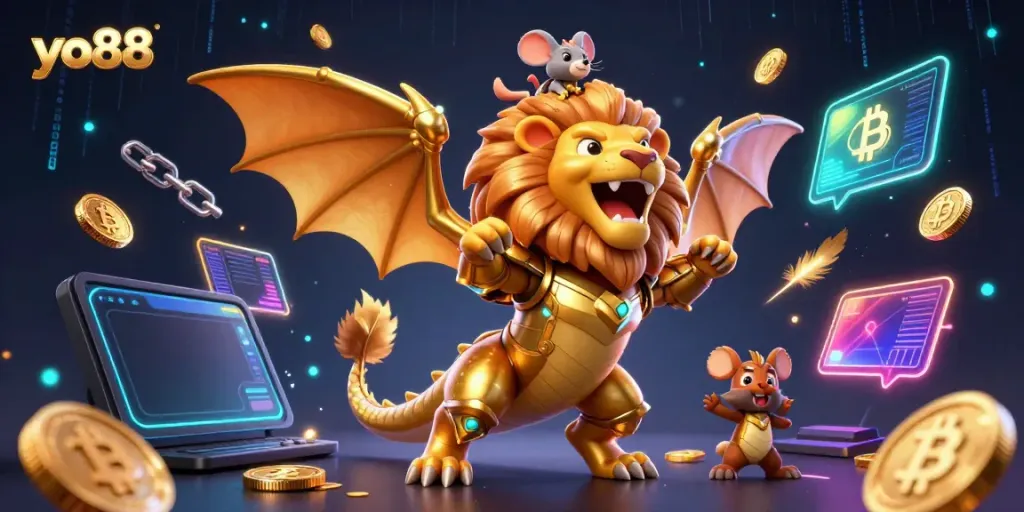 Join the thrilling adventures of yo88 with a golden chimera and crypto-themed casino elements.