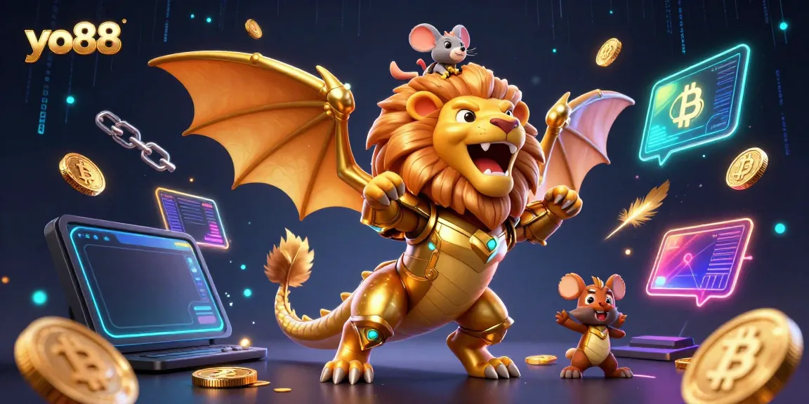 Join the thrilling adventures of yo88 with a golden chimera and crypto-themed casino elements.