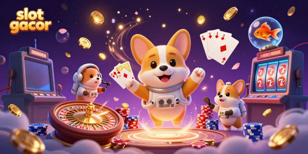 Win big with slot gacor gameplay featuring a 3D cartoon corgi and vibrant casino elements!