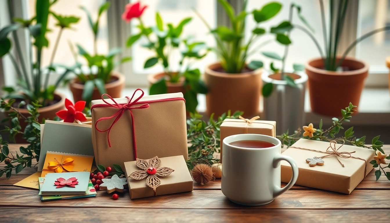 Geschenkideen auf einem rustikalen Tisch mit liebevoll verpackten Geschenken und schönen Details.