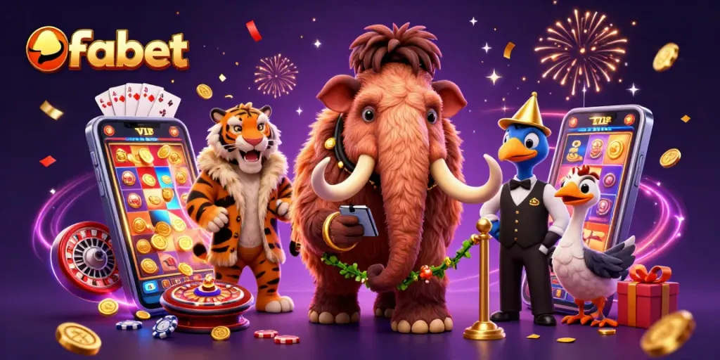 Win big with Fabet in a vibrant 3D casino scene featuring unique characters and dynamic gaming elements.