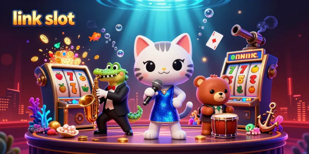 Experience the excitement of link slot games with engaging characters and vibrant casino elements.