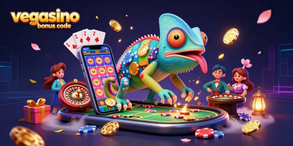 Engage with the exciting vegasino bonus code in a colorful casino-themed illustration