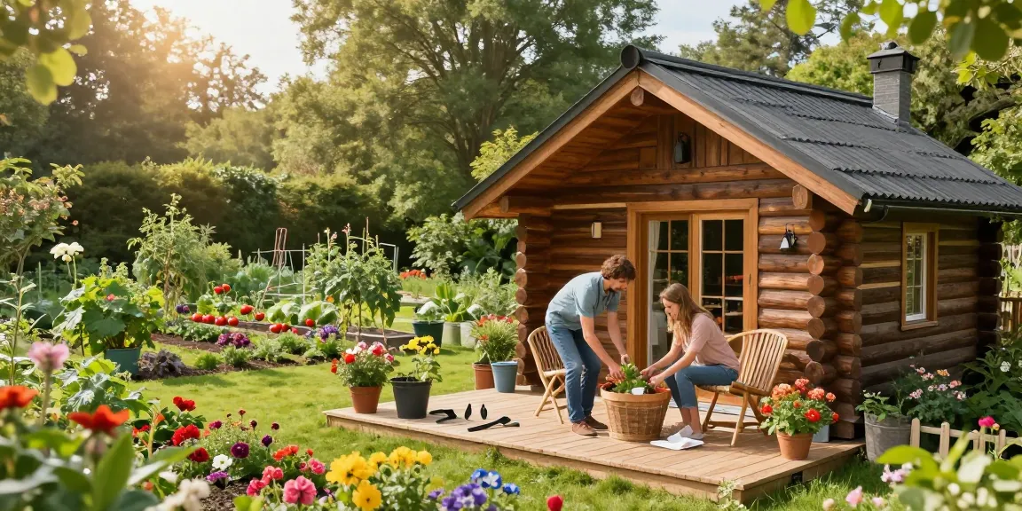 Garten Haus umgeben von Blumen und einem Gemüsegarten, ideal für entspannende Zeiten im Freien.