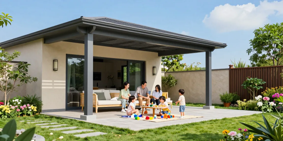 Familie unter einer freistehenden Terrassenüberdachung, entspannte Atmosphäre im Garten