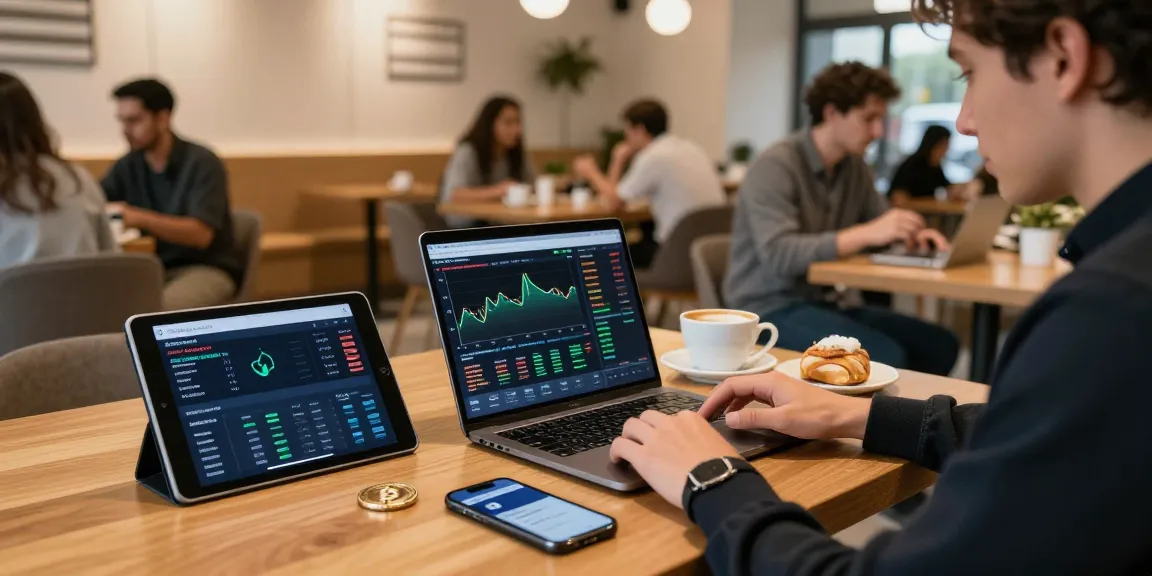 Hitpaw Edimakor und digitale Währungsdiagramme im Café, Sicherheitspraktiken im Kryptobereich