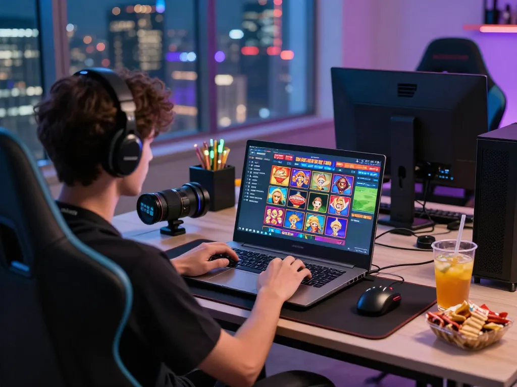 Engaged player exploring da88 online gaming platform on laptop with vibrant city backdrop.