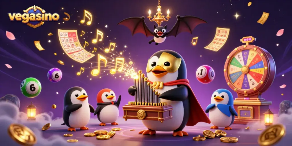 Join the fun at Vegasino with a 3D penguin playing an organ bursting with coins and colorful lottery balls.