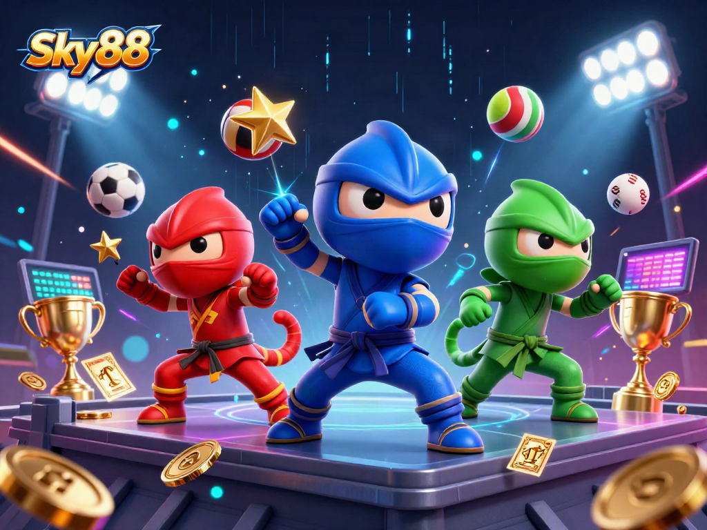 Sky88 gaming action with dynamic ninja chameleon team amidst vibrant casino elements