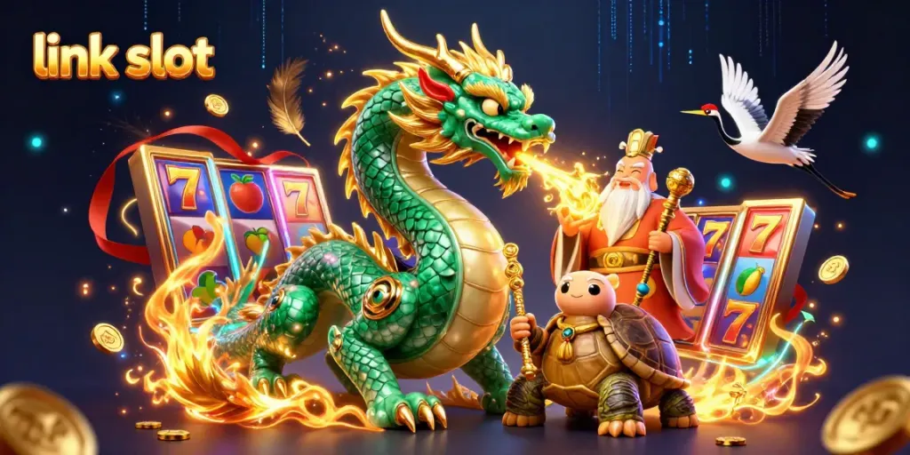 Experience thrilling action as a jade dragon breathes fire amidst vibrant link slot games, with symbols and coins flying.
