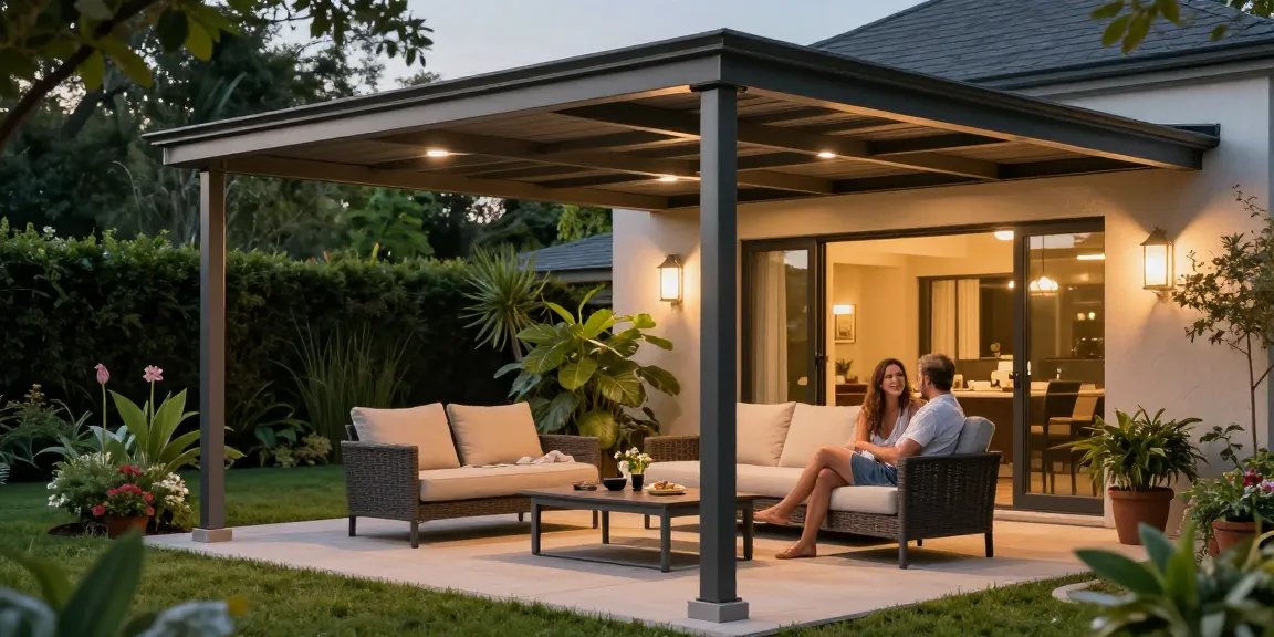 Terrassenüberdachungen in einem eleganten Garten, gemütliches Ambiente mit Pflanzen und Sitzmöglichkeiten