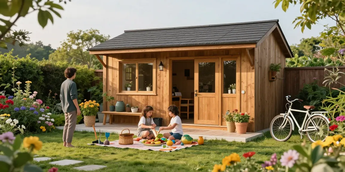 Gartenhaus kaufen: Stilvolles Gartenhaus im blühenden Garten mit Familie bei Picknick.