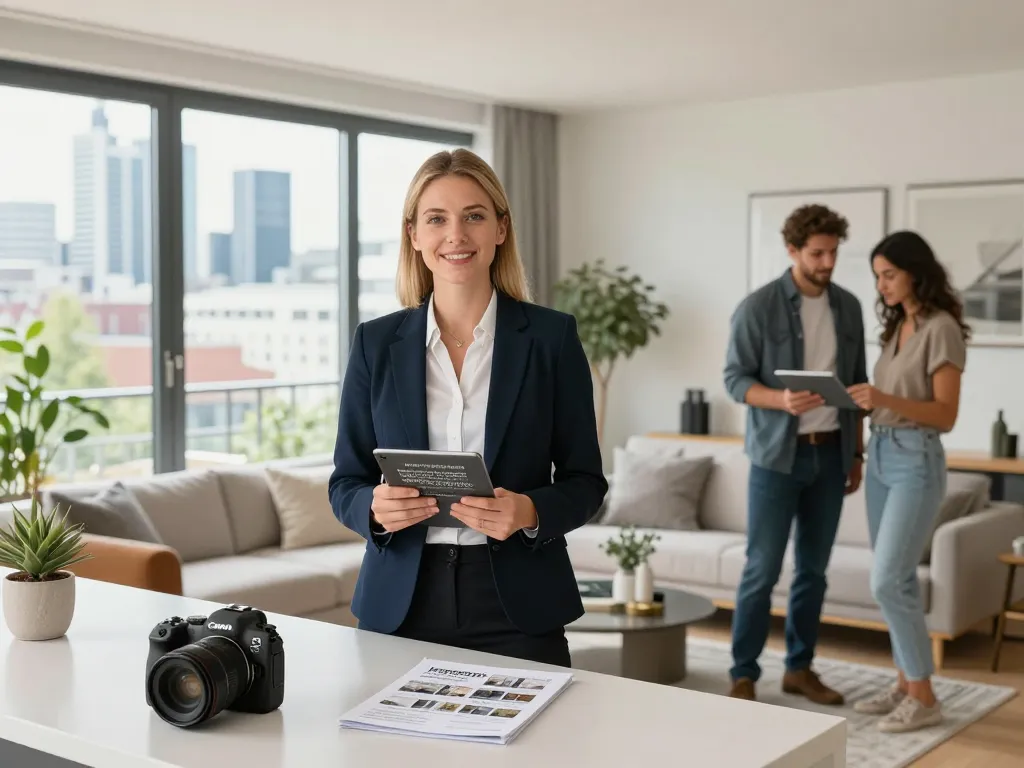 Immobilienmakler Frankfurt Riedberg präsentiert modernen Eigentum potenziellen Käufern in einem hellen Wohnzimmer.