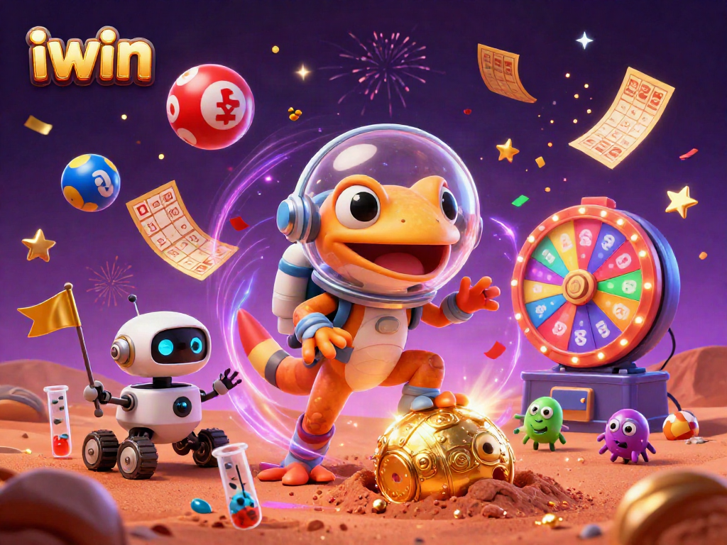 Join the iwin fun with a Martian gecko uncovering a golden casino filled with vibrant prizes.