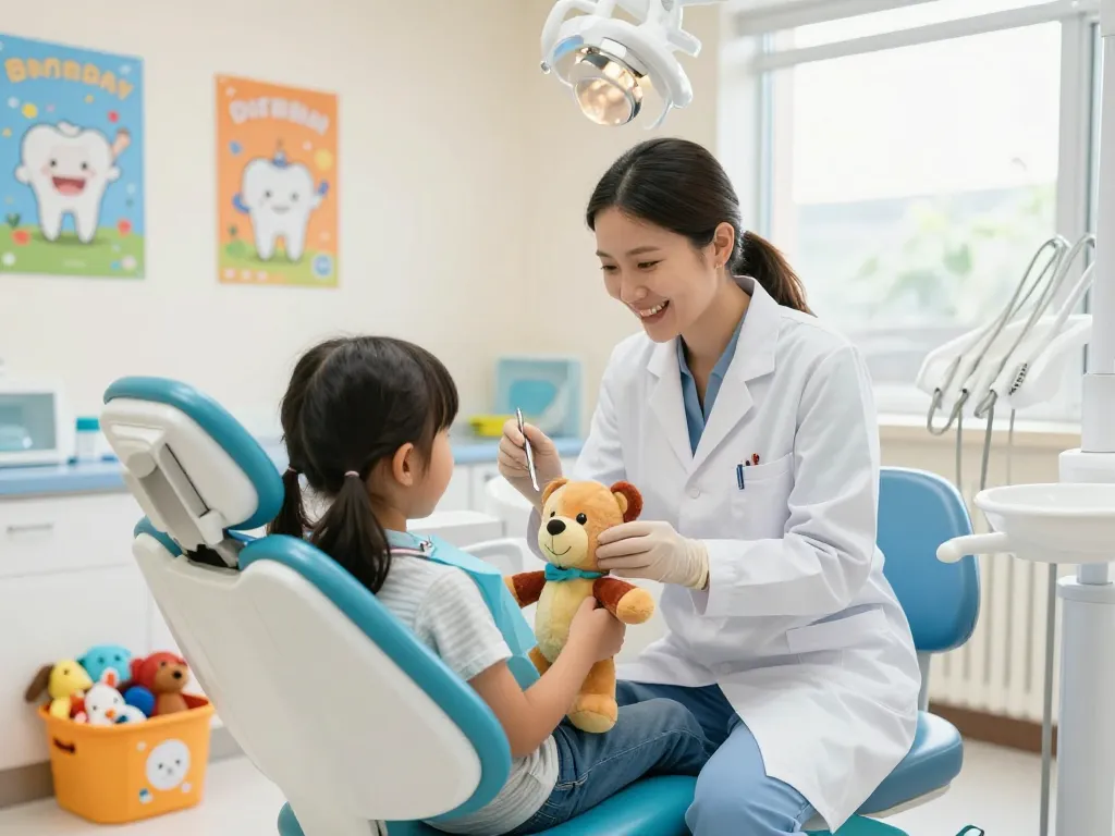 Einladender Kinderzahnarzt in Wien, der einen jungen Patienten in einer bunten Zahnarztpraxis mit spielerischer Atmosphäre untersucht.