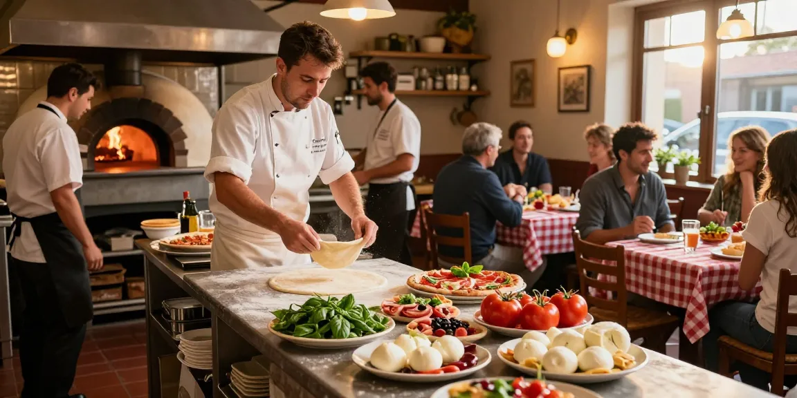 Vibrant Italian kitchen scene at Pizzeria Madera showcasing soft dough being tossed, fresh ingredients, and lively atmosphere.