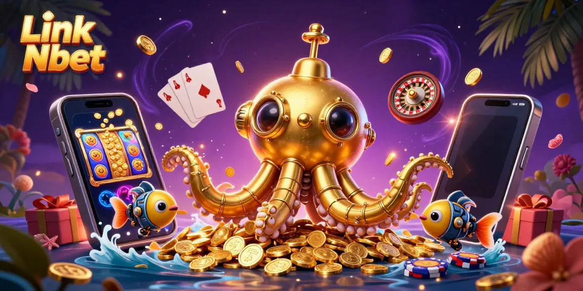 Engage in thrilling gameplay with Link Nbet’s vibrant casino scene featuring a golden kraken and slot games.