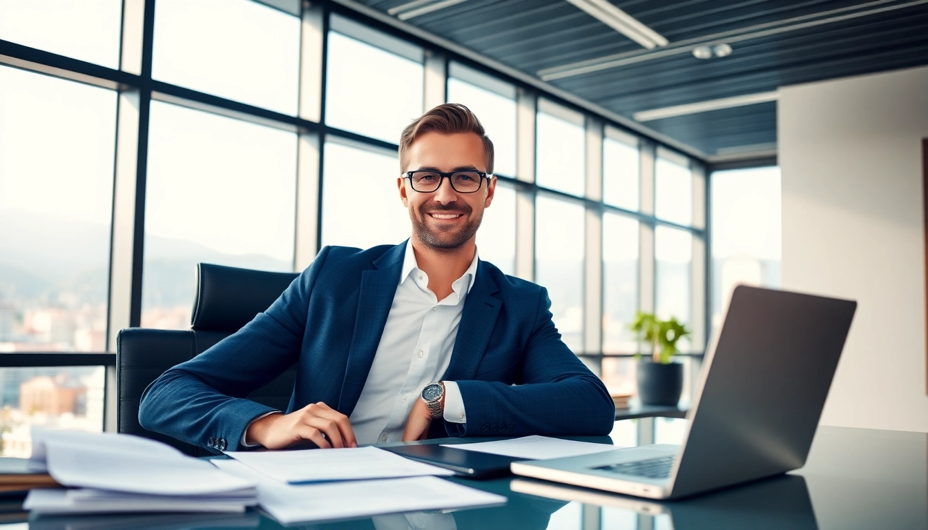 Headhunter Schweiz berät Kunden in einem modernen Büro mit Stadtansicht im Hintergrund.