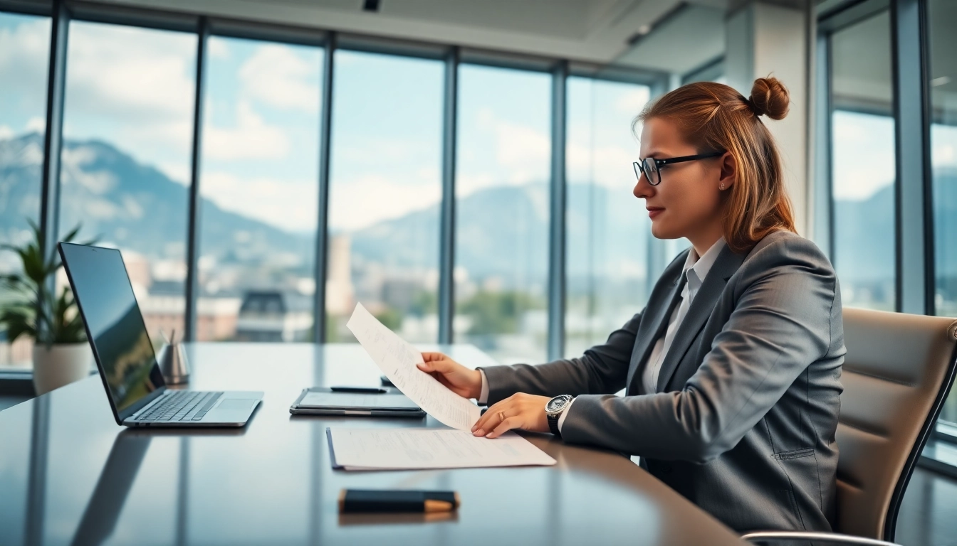 Headhunter Schweiz analysiert Bewerbungsunterlagen in einem modernen Büro.