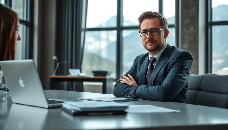 Headhunter Schweiz consulting in a modern office with an Alpine view.
