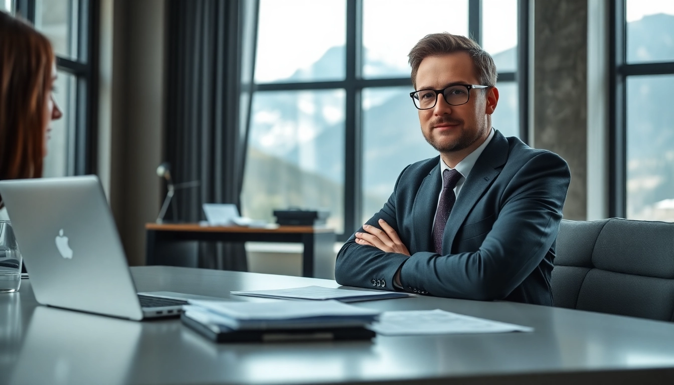 Headhunter Schweiz consulting in a modern office with an Alpine view.