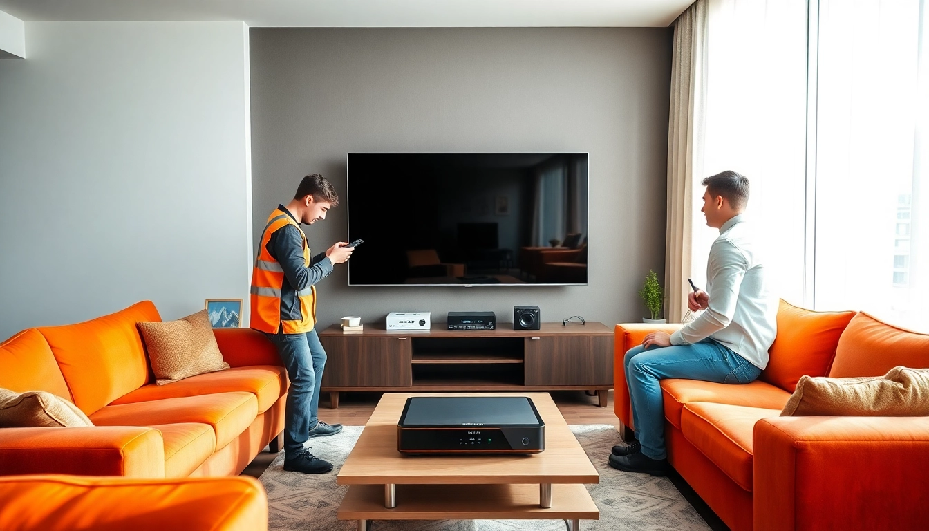 IPTV Anbieter kaufen - Technicians installing IPTV equipment in a modern living room setting.