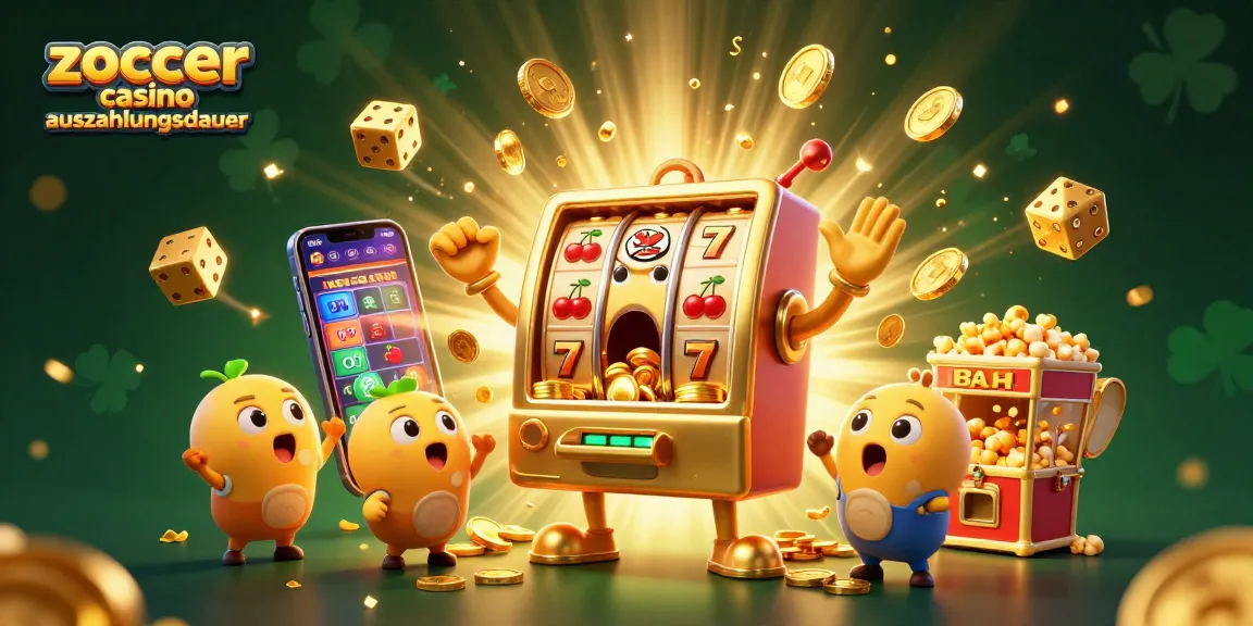 Darstellung der Zoccer Casino Auszahlungsdauer, mit einer goldenen Slotmaschine, die ihren Jackpot schlägt.