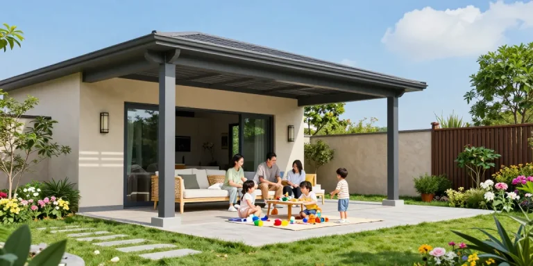 Familie unter einer freistehenden Terrassenüberdachung, entspannte Atmosphäre im Garten