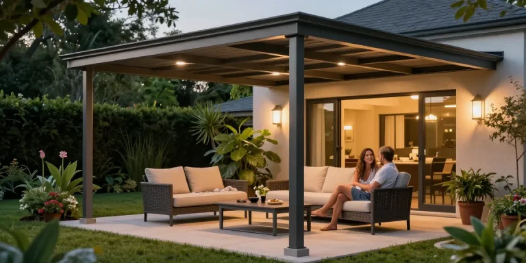 Terrassenüberdachungen in einem eleganten Garten, gemütliches Ambiente mit Pflanzen und Sitzmöglichkeiten