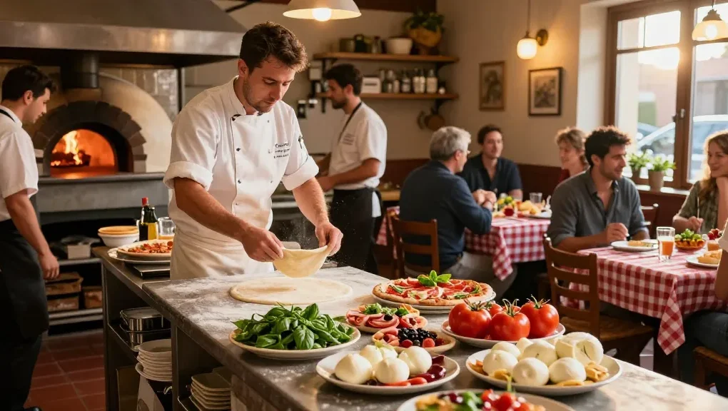 Vibrant Italian kitchen scene at Pizzeria Madera showcasing soft dough being tossed, fresh ingredients, and lively atmosphere.
