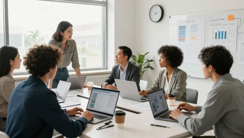 Moderne Arbeitsumgebung mit Führungskräften, die auf einer Bewertungsplattform Führung Strategien diskutieren und Daten analysieren.